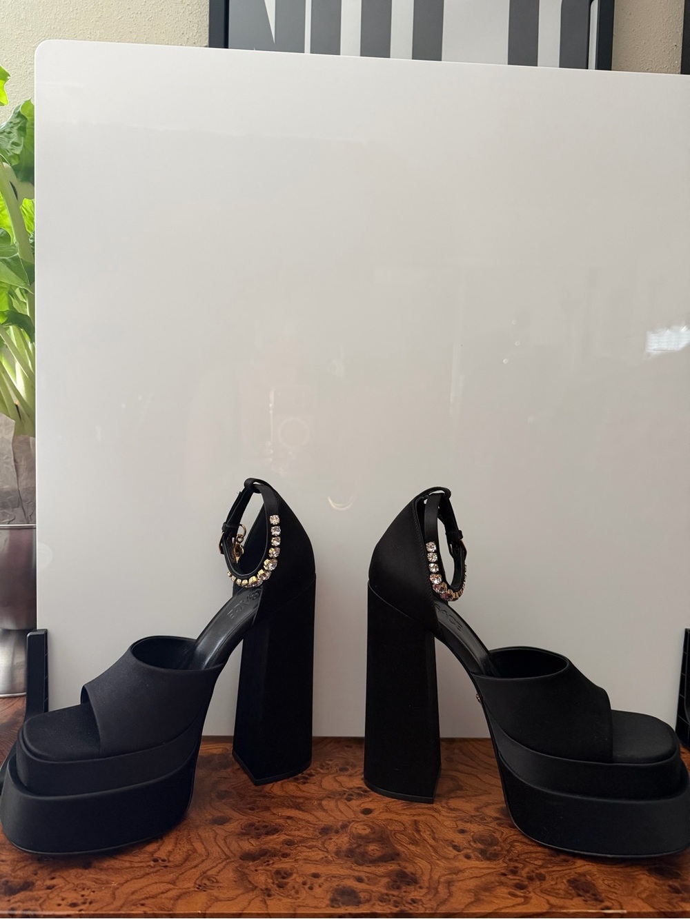Versace Black Platform Block-Heel Sandals with Gold Chain Ankle Strap - Picture 4 of 13
